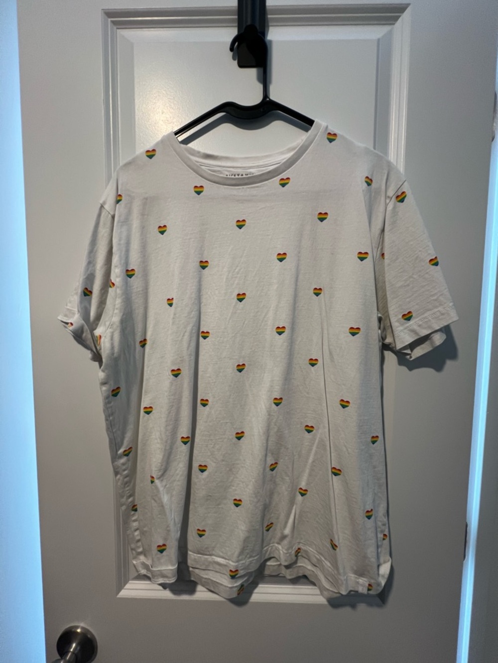 Men's White Short Sleeve Tee with Small Rainbow Heart Print